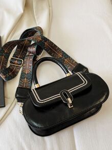 刺繡細節翻蓋手提包 - 黑色 - 查看 5