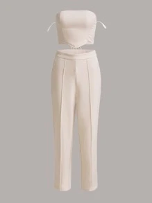BizChic Lace Up Back Asymmetrical Tube Top & Seam Front Trousers Set - Beige - View 5