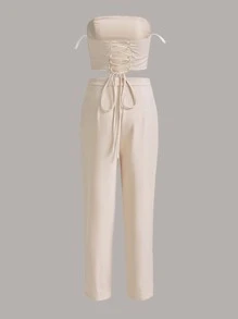 BizChic Lace Up Back Asymmetrical Tube Top & Seam Front Trousers Set - Beige - View 6