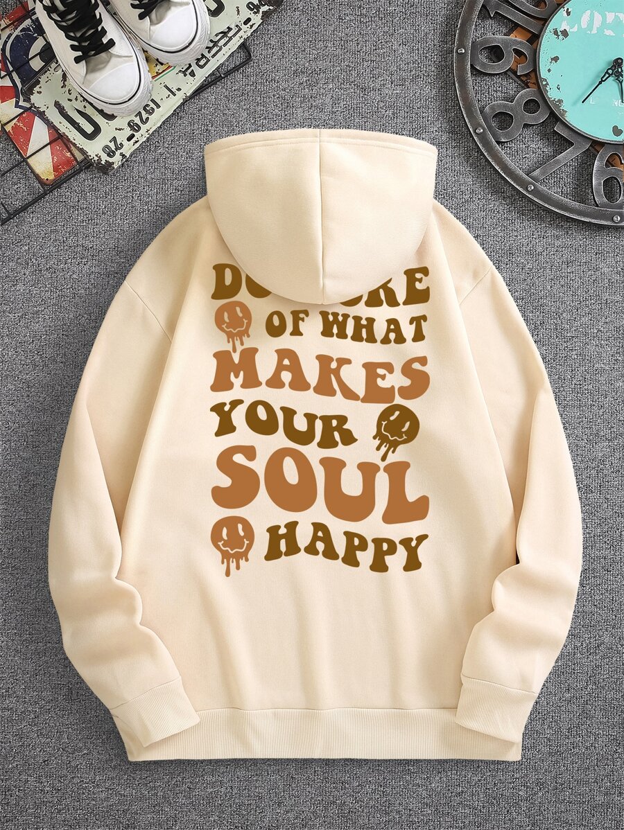 Áo hoodie giữ nhiệt có dây rút in hình hoạt hình và khẩu hiệu dành cho nam - Màu be - Xem 1