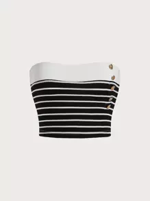 SHEIN MOD Striped Print Button Detail Tube Top - Black - View 1