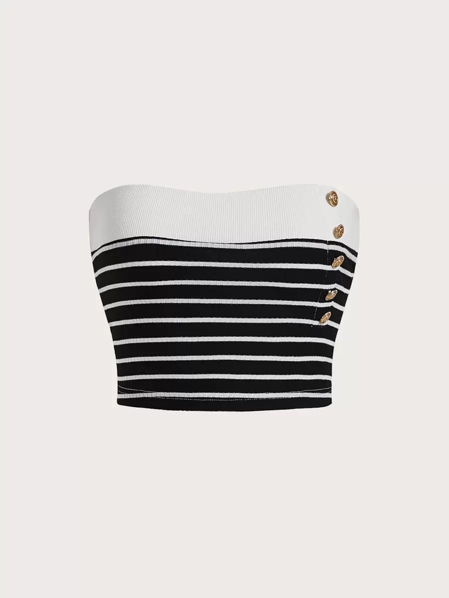 SHEIN MOD Striped Print Button Detail Tube Top - Black - View 1