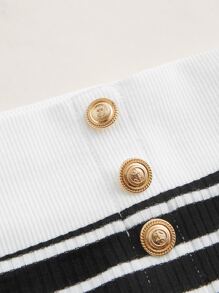 SHEIN MOD Striped Print Button Detail Tube Top - Black - View 3