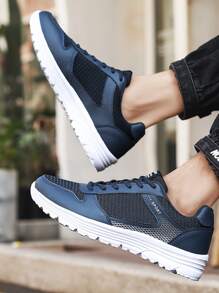 Men Letter Graphic Lace-up Front Running Shoes - Blue - View 2