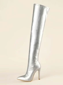 Fall/Winter Women Metallic Side Zipper Boots, Glamorous Point Toe Stiletto High Heel Sock Boot,Sexy,Party - Silver - View 2