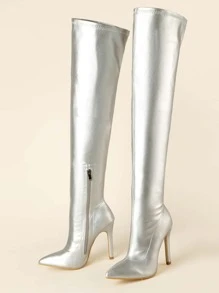 Fall/Winter Women Metallic Side Zipper Boots, Glamorous Point Toe Stiletto High Heel Sock Boot,Sexy,Party - Silver - View 4