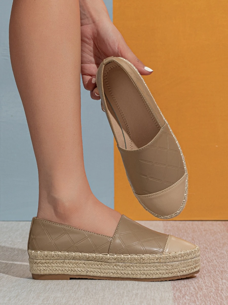 Geometric Embossed Espadrille Flats - Khaki - View 1