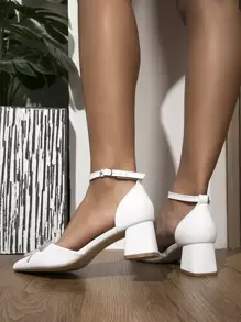 Giày cao gót mũi nhọn đế dày đính đá và nơ, quai ngang mắt cá chân màu trắng, giày cao gót quai ngang mắt cá chân màu trơn đính đá cho nữ, thích hợp cho lễ tình nhân, trang phục thanh lịch và đám cưới. - trắng - Xem 5