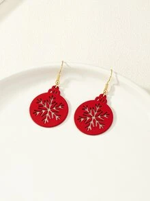 Hollow Snowflake Round Drop Earrings - Red - View 1