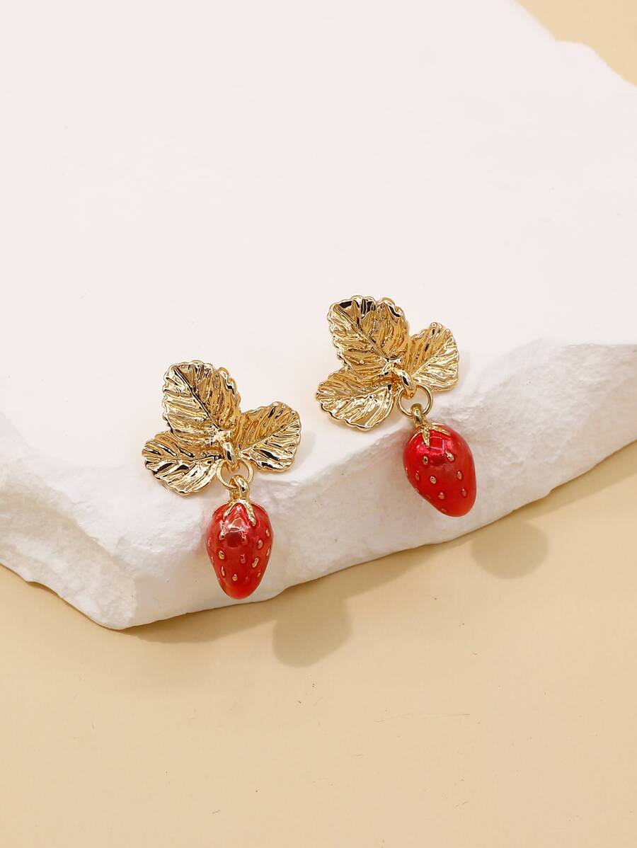 樹葉和草莓裝飾耳墜 - 彩色 - 查看 1