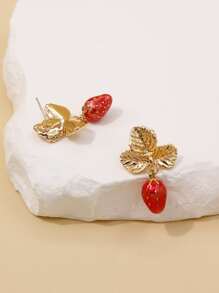 樹葉和草莓裝飾耳墜 - 彩色 - 查看 2