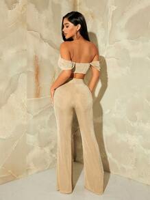 SHEIN SXY Off Shoulder Crop Top & Flare Leg Trousers - Khaki - View 2