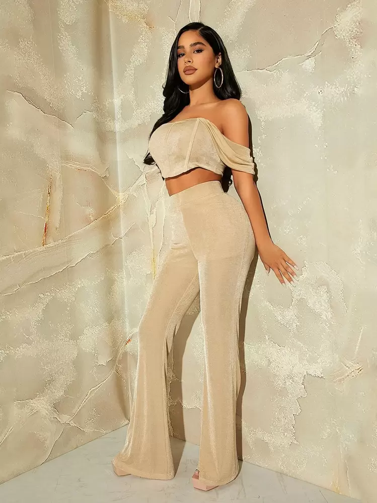 SHEIN SXY Top court col bardot & Pantalon évasé - Kaki - Voir 3