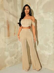 SHEIN SXY Off Shoulder Crop Top & Flare Leg Trousers - Khaki - View 4