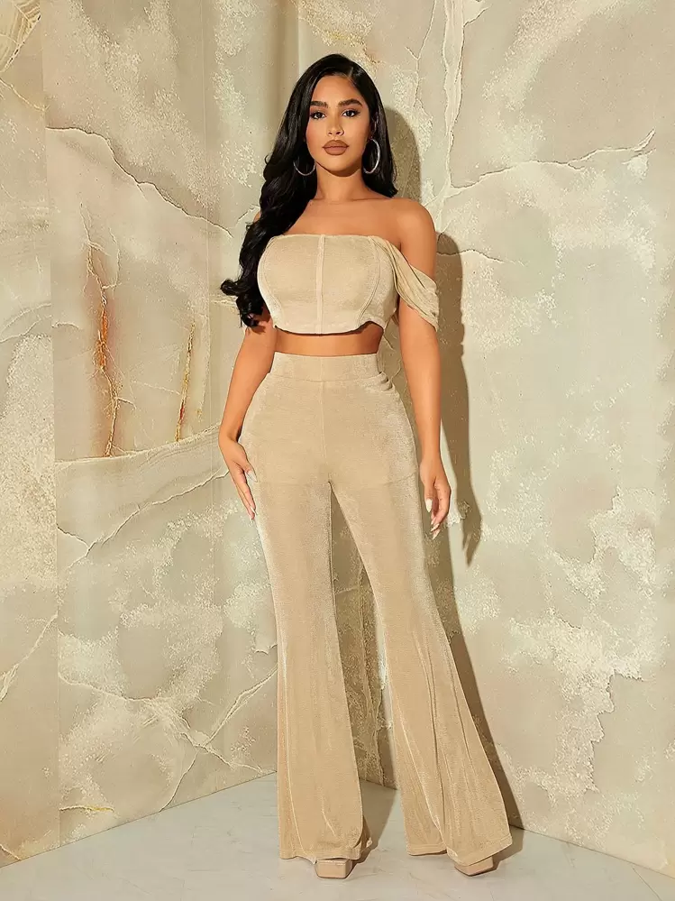 SHEIN SXY Top court col bardot & Pantalon évasé - Kaki - Voir 4