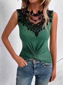 SHEIN Clasi Áo hai dây Tương phản ren xoắn lại màu trơn Giải trí - màu xanh lá - Xem 4