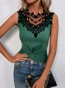 SHEIN Clasi Áo hai dây Tương phản ren xoắn lại màu trơn Giải trí - màu xanh lá - Xem 5