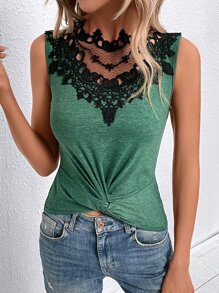 SHEIN Clasi Áo hai dây Tương phản ren xoắn lại màu trơn Giải trí - màu xanh lá - Xem 6