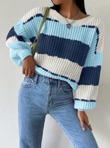 Chiquease Colourblock Rib-knit Drop Shoulder Jumper - Blue and White - View 3