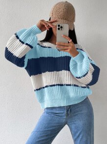 Chiquease Colourblock Rib-knit Drop Shoulder Jumper - Blue and White - View 4