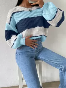 Chiquease Colourblock Rib-knit Drop Shoulder Jumper - Blue and White - View 6