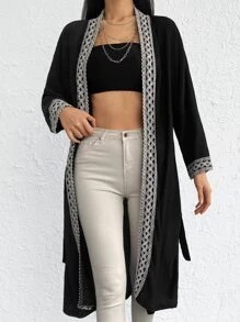 Geo Embroidery Contrast Trim Belted Kimono, For Summer Beach Vacation - Black - View 1