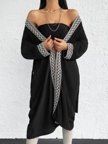 Geo Embroidery Contrast Trim Belted Kimono, For Summer Beach Vacation - Black - View 6
