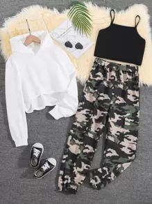 Chicas adolescentes bajo irregular Capucha & con estampado de camuflaje Pantalones con top de tirantes - Multicolor - Ver 1