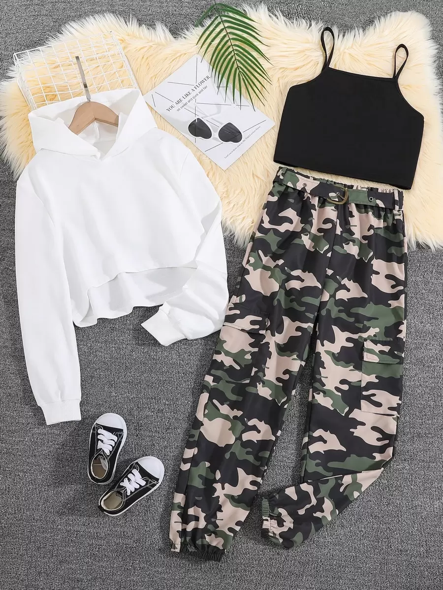 Chicas adolescentes bajo irregular Capucha & con estampado de camuflaje Pantalones con top de tirantes - Multicolor - Ver 1