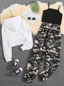 Chicas adolescentes bajo irregular Capucha & con estampado de camuflaje Pantalones con top de tirantes - Multicolor - Ver 2