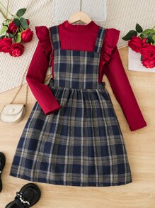 Chicas Camiseta de cuello alto & Vestido overol con estampado de cuadros ribete con fruncido - Multicolor - Ver 1