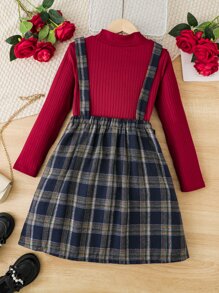 Chicas Camiseta de cuello alto & Vestido overol con estampado de cuadros ribete con fruncido - Multicolor - Ver 2