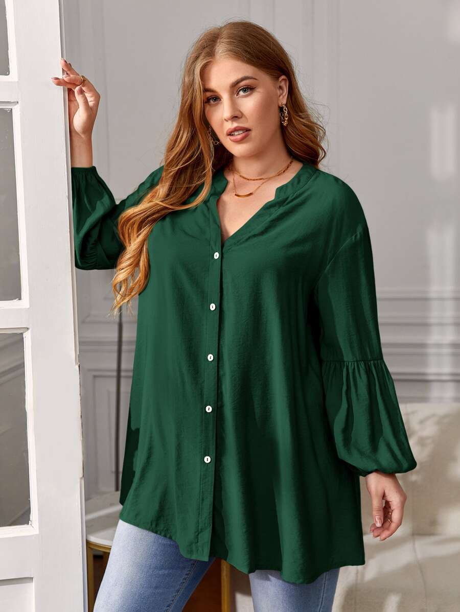 SHEIN VCAY Plus Lantern Sleeve Button Front Blouse - Dark Green - View 1