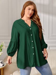 SHEIN VCAY Plus Lantern Sleeve Button Front Blouse - Dark Green - View 3