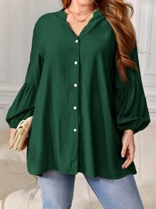 SHEIN VCAY Plus Lantern Sleeve Button Front Blouse - Dark Green - View 4