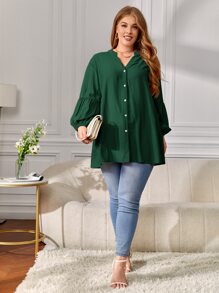 SHEIN VCAY Plus Lantern Sleeve Button Front Blouse - Dark Green - View 5