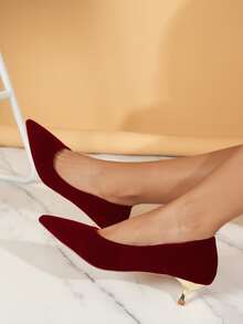 Point Toe Heeled Velvet Court Pumps - Burgundy - View 2