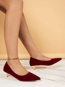 Point Toe Heeled Velvet Court Pumps - Burgundy - View 4