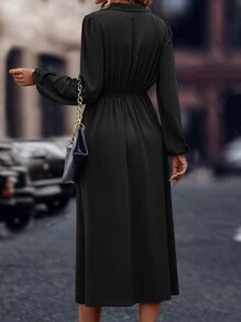 EMERY ROSE Solid Ruched Bishop Sleeve Dress