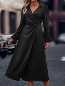 EMERY ROSE Solid Ruched Bishop Sleeve Dress