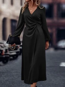 EMERY ROSE Solid Ruched Bishop Sleeve Dress