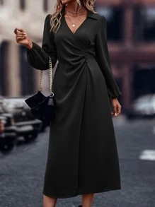 EMERY ROSE Solid Ruched Bishop Sleeve Dress
