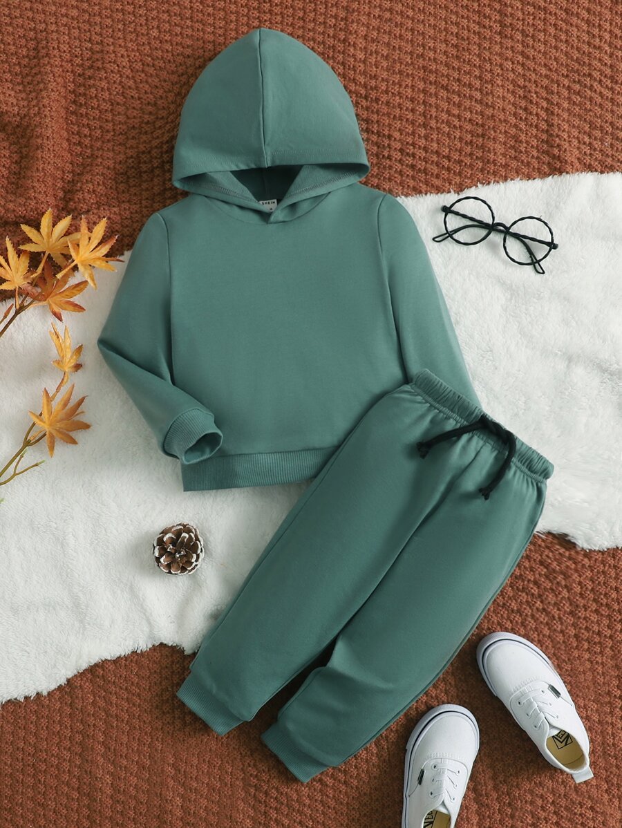 SHEIN Đứa bé trai Chất rắn Áo Hoodie & Quần thể thao - Màu xanh Bạc hà - Xem 1