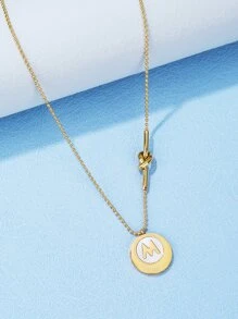 Letter Detail Round Pendant Necklace - Yellow Gold - View 1