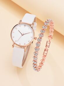 1 reloj de señora decorado con piedras brillantes y pulsera a juego - Blanco - Ver 1