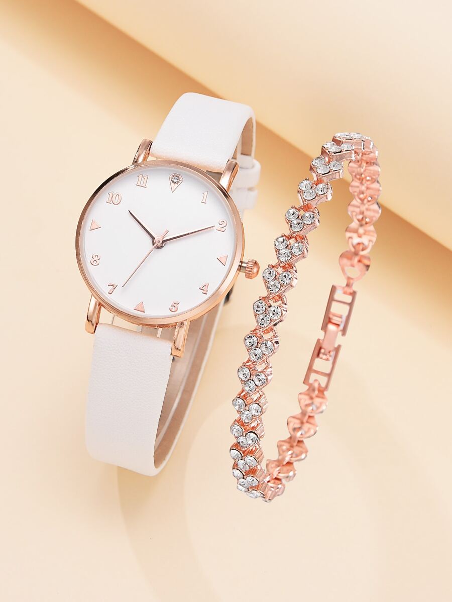 1 reloj de señora decorado con piedras brillantes y pulsera a juego - Blanco - Ver 1