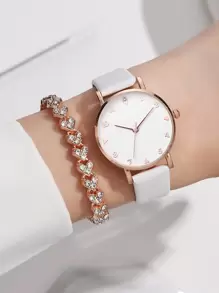1 reloj de señora decorado con piedras brillantes y pulsera a juego - Blanco - Ver 4
