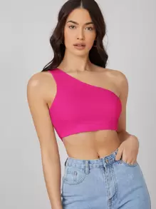 SHEIN BASICS One Shoulder Solid Crop Top - Hot Pink - View 1
