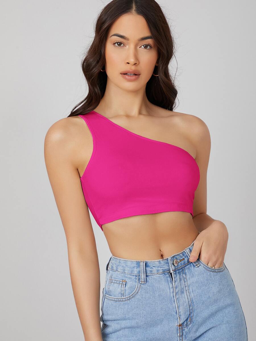 SHEIN BASICS One Shoulder Solid Crop Top - Hot Pink - View 1
