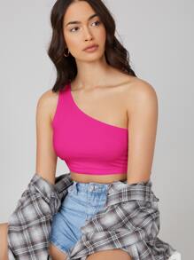 SHEIN BASICS One Shoulder Solid Crop Top - Hot Pink - View 3